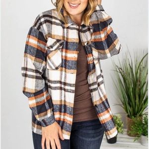 Molly Plaid Shacket - Navy, Brown, and Orange